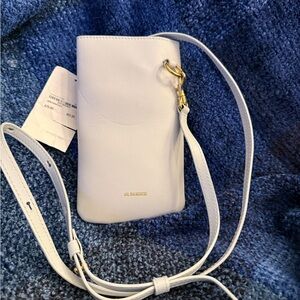 Jil Sander Soft Gray Leather Crossbody Phone Pouch.